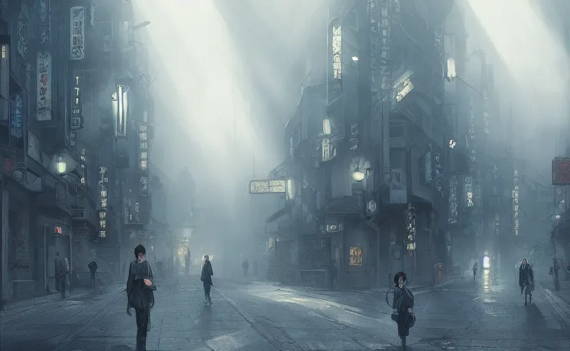 Prompt: dark japanese city street, soft grey and blue natural light, crepuscular rays, intricate, digital painting, artstation, concept art, smooth, sharp focus, illustration, art by greg rutkowski and luis rollo and uang guangjian and gil elvgren, symmetry!