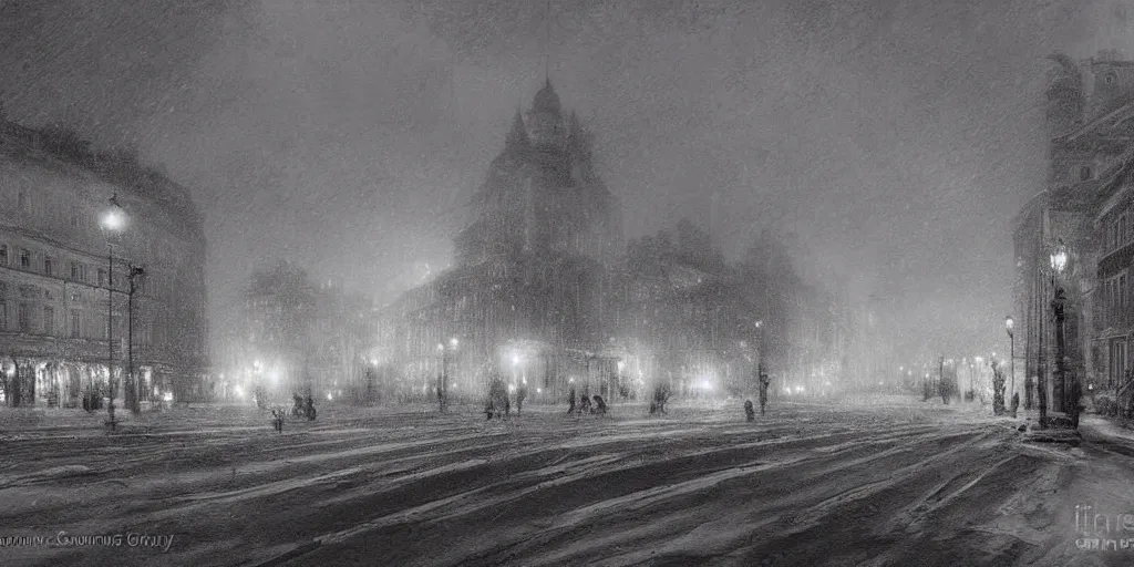 Image similar to 1 9 2 0 s warsaw during an arctic storm, dark, digital art, by james gurney