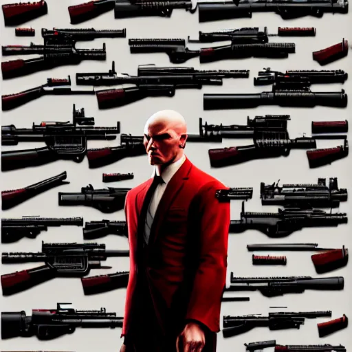 Prompt: a portrait of agent 4 7 from hitman sitting in front of a wall of guns, realistic illustration, dark background, red rim light, highly detailed, digital art, artstation, concept art, smooth, sharp focus, greg rutkowski, wlop