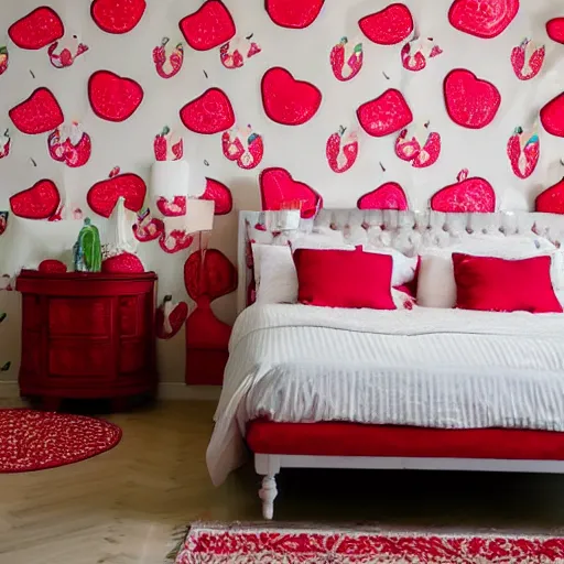 Prompt: deisgner photography of bedroom themed to strawberry motif. bed has strawberry blankets. wall has strawberry pattern. furniture has strawberry motif. furniture is shaped like strawberries. carpet has strawberry motif. lighting has strawberry shapes.