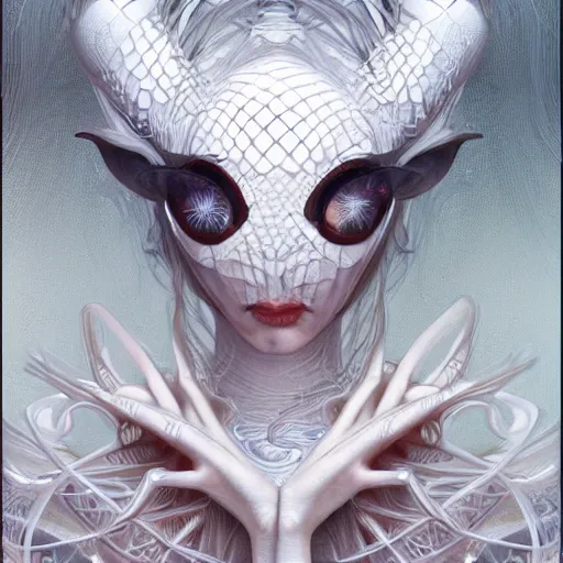 Image similar to a photograpic portrait of a anthropomorphic spider wearing white clothes, fantasy, intricate, elegant, highly detailed, digital painting, artstation, concept art, smooth, sharp focus, illustration, art by artgerm and H R Giger and alphonse mucha