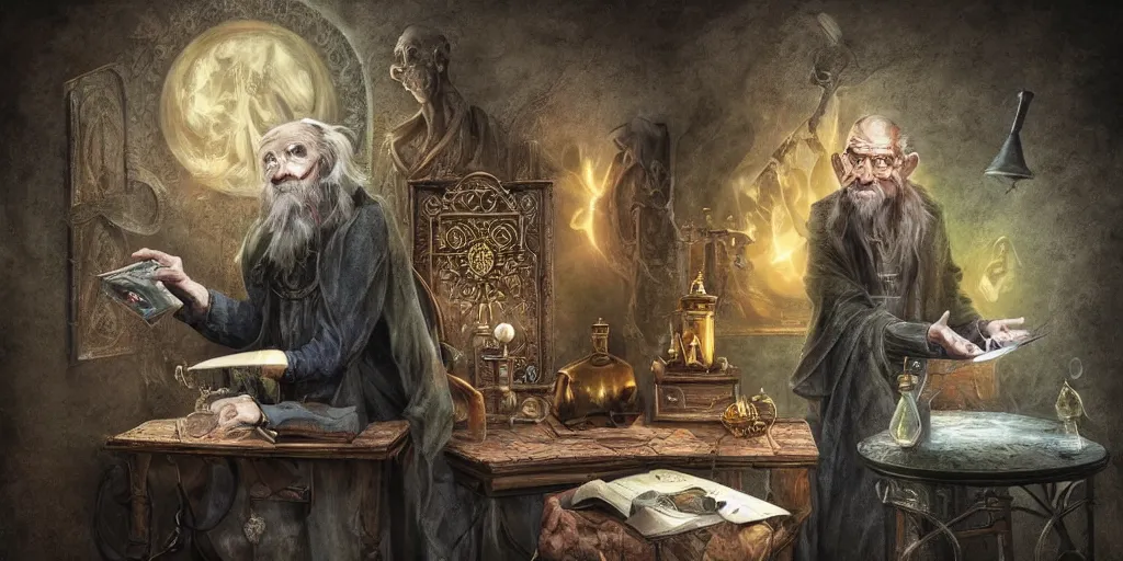 Image similar to wizened aristocrat examining the mysteries of tarot cards on a magical blackboard, background is magical blackboard with chalk,, fantasy art, matte painting, high quality, digital painting, artwork by tony sart