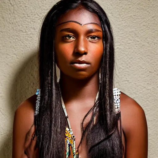 Image similar to Portrait of a dark skinned young woman who looks native american at a mall, highly detailed, photograph, award winning,