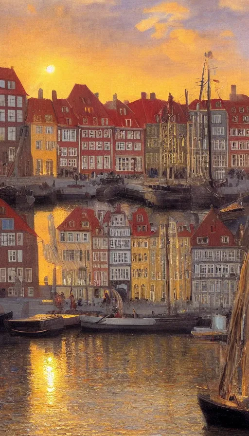 Image similar to still-life painting of Nyhavn at sunset, by Peder Krøyer, lush garden in the background, golden hour, dramatic lighting, volumetric lighting, intricately detailed, canvas print