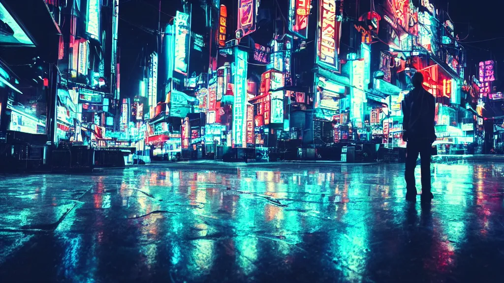 Prompt: pov of a man in the middle of a futuristic cyberpunk city, wet floors with neon signs, night