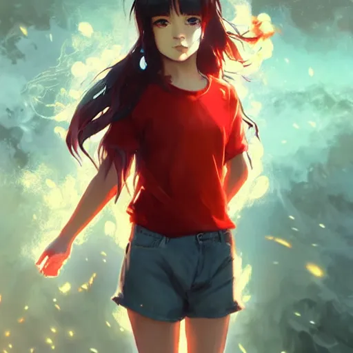 Image similar to Full body, splash art by WLOP, Ilya kuvshinov, Krenz Cushart, and Greg Rutkowski, trending on artstation. Realistic fantasy cute Native Indian young girl with silky hair, wearing a red-sleeved white t-shirt with jeans, she has fire powers, her hair glows astonishing fire flames, Cinematic dramatic atmosphere of a mystic forest, sharp focus, soft volumetric studio lighting