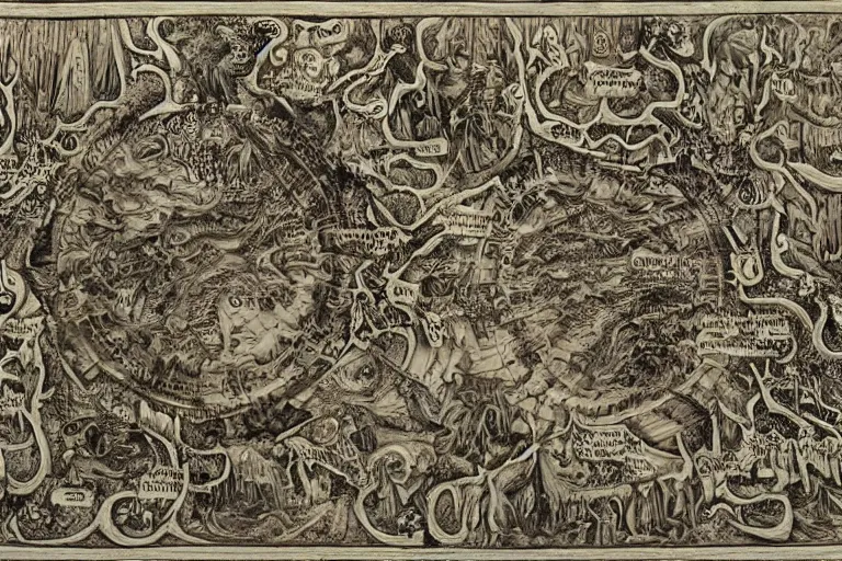 Image similar to intricate detailed ancient map of the regions of hell and the dimensions of the damned, inferno flames demons daemons purgatory limbo, technical cartography with annotations and notes in the margins