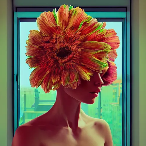 Image similar to closeup, giant flower head, woman next to modern windows, luxury apartment, surreal photography, dramatic light, impressionist painting, digital painting, artstation, james gilleard