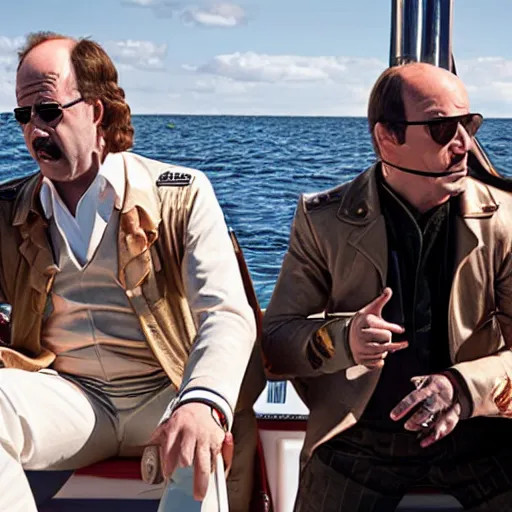 Prompt: character torrente and hamilton on a boat