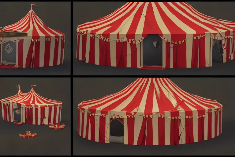 Prompt: 3d sculpt of a circus tent, artstaton, League of Legends, red dead redemption2, overwatch, digital illustration