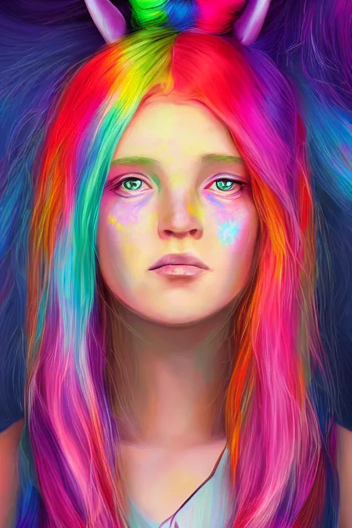 Image similar to a girl with rainbow hair, unicorn horns, portrait, rim light, fresh colors, gradients, highly detailed, digital illustration, concept art, smooth, sharp focus,