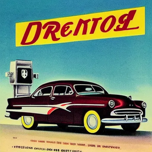 Prompt: “1950 Ford Fiesta with chrome vintage advertisement retro illustration stopping at a donut shop after a soviet nuke exploded in the background”