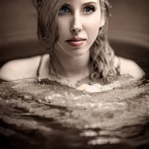 Image similar to photographic portrait by Annie Leibovitz of AMOURANTH in a hot tub, closeup, foggy, sepia, moody, dream-like, sigma 85mm f/1.4, 15mm, 35mm, 4k, high resolution, 4k, 8k, hd, full color