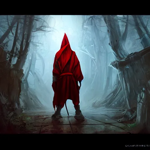 Prompt: A young hooded thief with daggers, epic fantasy, dreamscape maximized, cinematic lighting, fantasy art illustration, trending on Artstation