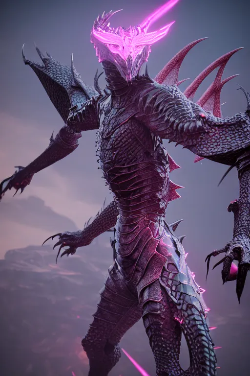 Prompt: high quality 3 d neo - gothic human dragon hybrid, exoskeleton armor, fighting with sword, field of pink flowers, highly detailed unreal engine, vitaly bulgarov dramatic dark teal light, ground angle hd 8 k, sharp focus