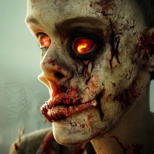 Image similar to post apocalyptic half burned zombie with pig nose, horror, details face, photo, bloody eyes, unreal engine, digital, artstation, detailed body, heavenly atmosphere, digital art, overdetailed art, trending on artstation, cgstudio, the most beautiful image ever created, dramatic, award winning artwork, beautiful scenery