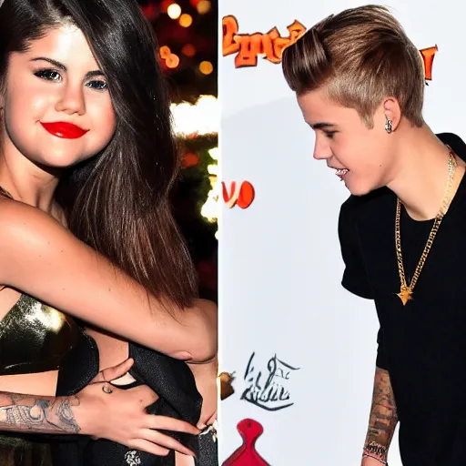 Image similar to justin bieber and selena gomez finally reunited in love in front of a lake during christmas at night