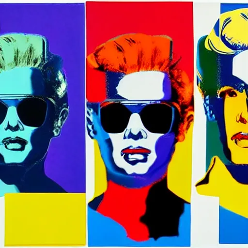 Image similar to androids, panels, primary colors, robot lithography, gynoids by warhol, cyborgs in the style of andy warhol