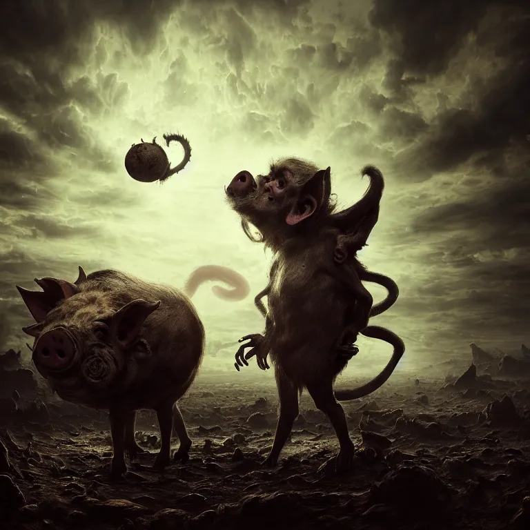 Image similar to portrait of a demon with pig body, monkey head, down curved horns, four hands on exoplanet, wrecked technology, dark clouds, surreal abandoned buildings, dream-like heavy atmosphere, baroque painting, beautiful detailed intricate insanely detailed octane render trending on Artstation, 8K artistic photography, unreal engine, photorealistic, dramatic volumetric cinematic light, chiaroscuro, award-winning photograph, masterpiece, Raphael, Caravaggio, Beksinski, Giger