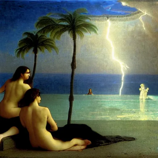 Image similar to Silhouette of two girls at the palace, thunderstorm, greek pool, beach and palm trees on the background major arcana sky, by paul delaroche, alphonse mucha and arnold böcklin arnold böcklin hyperrealistic 8k, very detailed