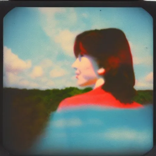 Image similar to vintage polaroid of a beautiful woman spotting a ufo in the sky, seen from behind, detailed clouds, warm azure tones, red color bleed, film grain