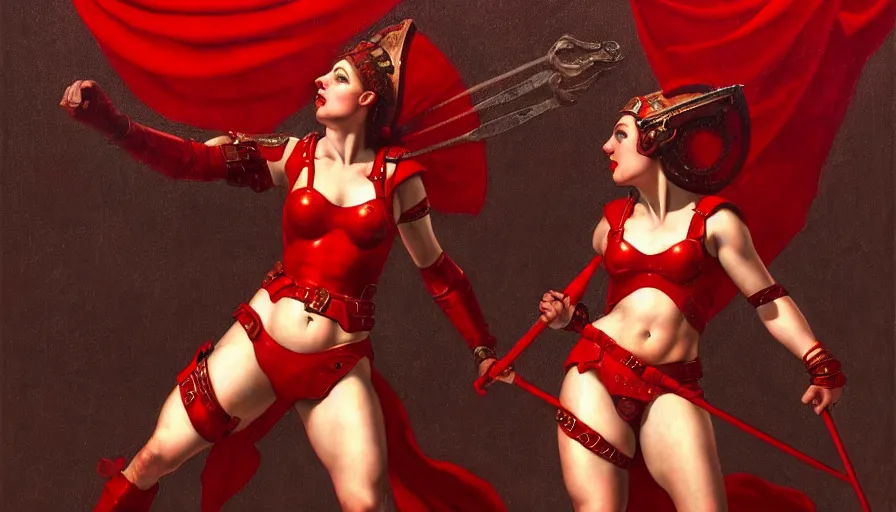 Image similar to only with red, an armored female gladiator in a crowded roman amphitheatre, crowd cheering, in the style of rolf armstrong and ambrosius benson and edward hopper and and rodcenko, intricate and epic composition, red by caravaggio, highly detailed, masterpiece, red light, artstation