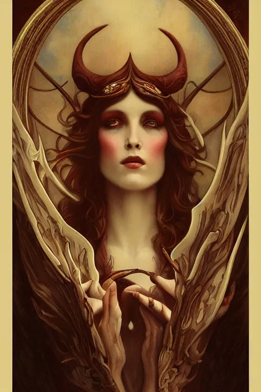 Image similar to Lucifer by Tom Bagshaw in the style of Gaston Bussière, art nouveau, art deco