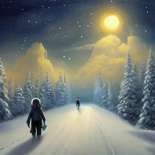 Prompt: if on a winter's night a traveler, a beautiful painting, trending on artstation