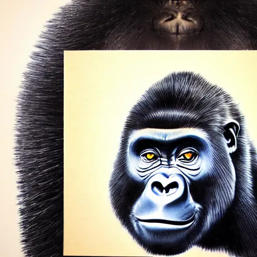 Image similar to japanese ink block painting of a gorilla, 4 k, hyper realistic, dslr, high resolution, landscape, beautiful
