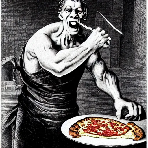 Image similar to frankenstein eating a slice of pizza with his mouth wide open