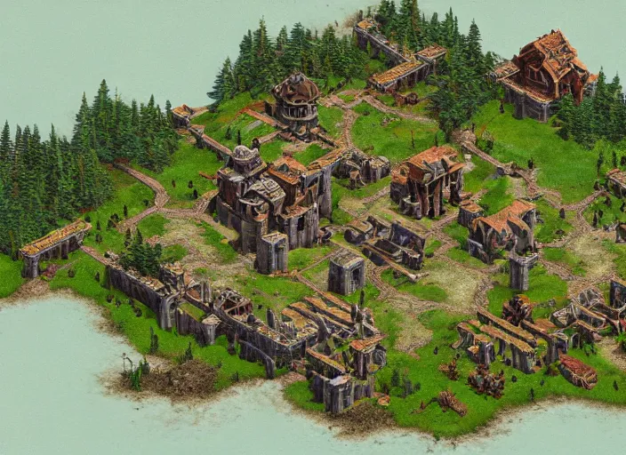 Image similar to isometric map of age of empires video game, procedural, top down, AOE2 , civilization, river, forest, cave, mountain, 3d map, woods, hills, buildings, snow, , digital art,realistic,detailed,art by greg rutkowski