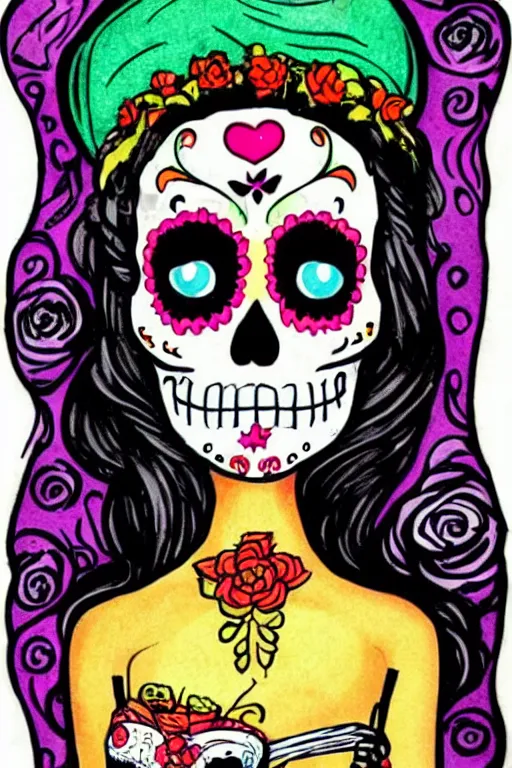 Image similar to Illustration of a sugar skull day of the dead girl, art by dr seuss