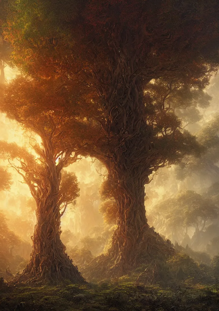 Prompt: beautiful hyper realistic detailed matte painting of fantasy tree of life, hd, hdr, by Moebius and John Howe and Albert Bierstadt and Alena Aenami, ultra detailed, high resolution