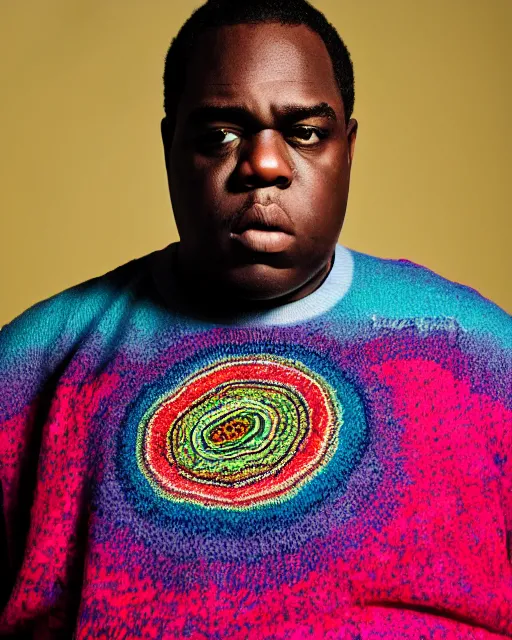 Image similar to headshot of the notorious big, wearing a colorful coogi sweater, and black jeans, photoshoot in the style of annie leibovitz, studio lighting, soft focus, bokeh