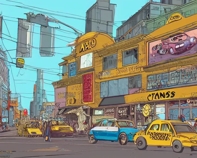 Image similar to a study of cell shaded cartoon of a taxi can infront of a store front, road, illustration, vivid colors, post grunge, concept art by josan gonzales and wlop, by james jean, Victo ngai, David Rubín, Mike Mignola, Laurie Greasley, highly detailed, sharp focus, alien, Trending on Artstation, HQ, deviantart, art by artgem