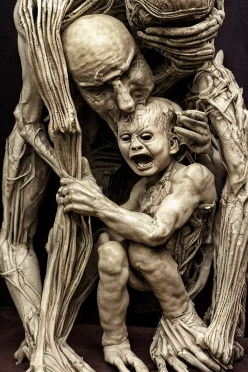 Image similar to photograph of a sculpture of Saturn devouring his son, in the syle of Giger, Giger art, extremely detailed, background is a low light museum, 4k