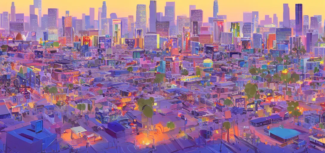 Prompt: visual development los angeles skyline cityscape, by lou romano, pixar disney dreamworks sony animation