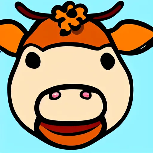 Prompt: cow face illustration, smiling cow, highly detailed, happy, blue sky, green grass