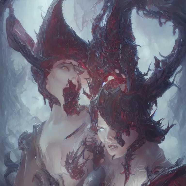 Image similar to portrait of a abyssal scary demon, D&D, fantasy, highly detailed, digital painting, artstation, smooth, sharp focus, illustration, art by artgerm and greg rutkowski and alphonse mucha