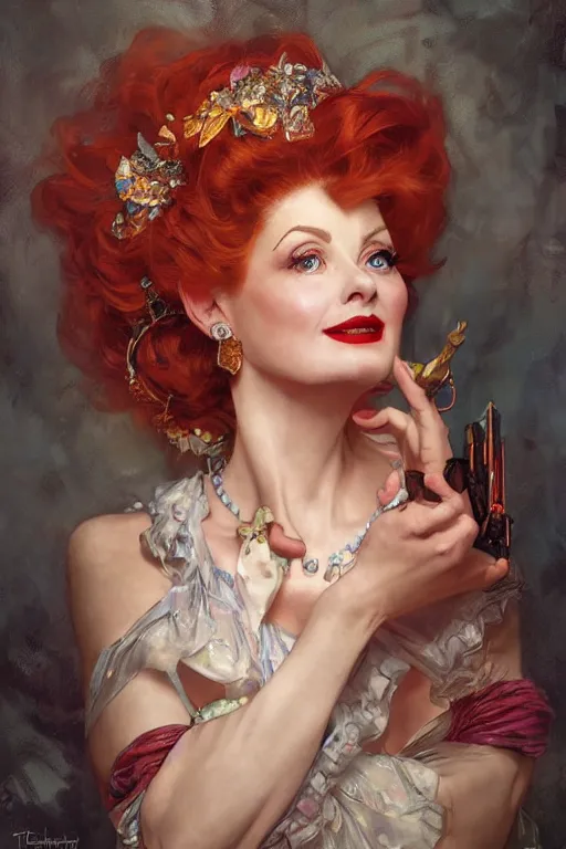 Image similar to Lucille Ball portrait, fantasy, elegant, intricate, by Stanley Artgerm Lau, greg rutkowski, thomas kindkade, alphonse mucha, loish, norman Rockwell