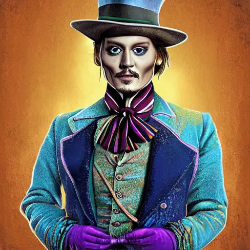 Prompt: portrait of johnny depp as willy wonka, highly detailed, centered, solid color background, digital painting