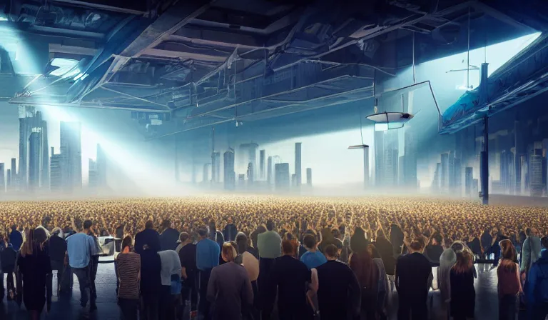 Image similar to crowd of people in simple walled warehouse, looking at hologram of futuristic city on a table, cinematic concept art, godrays, golden hour, natural sunlight, 4 k, clear details, tabletop model buildings, center model buildings, hologram center, crane shot, crane shot, crane shot