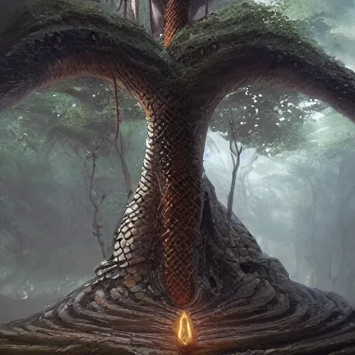 Prompt: a tree in the shape of a snake, by greg rutkowski, magic the gathering, highly detailed, matte painting