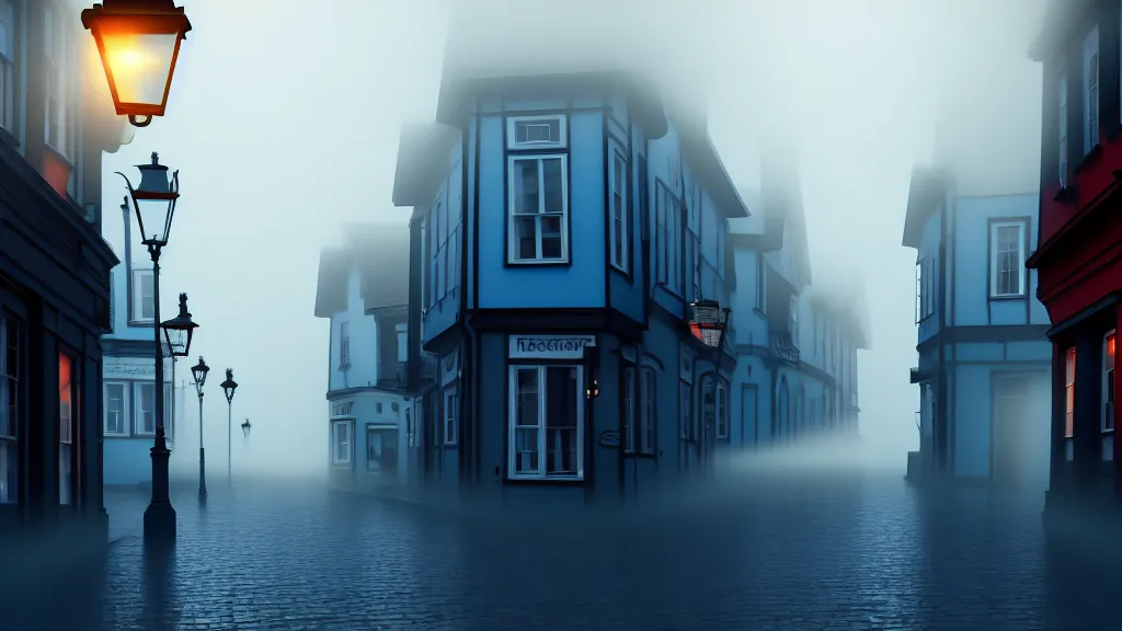 Prompt: the old town with houses in the windows of which the light is on. early morning, fog. mike barr painting. volumetric light, derk blue ambient, noir arthouse, 3 5 mm, hight detalied, hd, 4 k