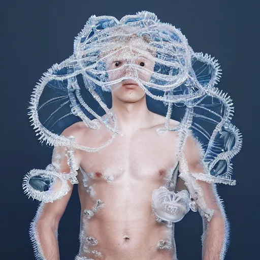 Image similar to a portrait of a beautiful young male wearing an alexander mcqueen armor made of jellyfish , photographed by andrew thomas huang, artistic