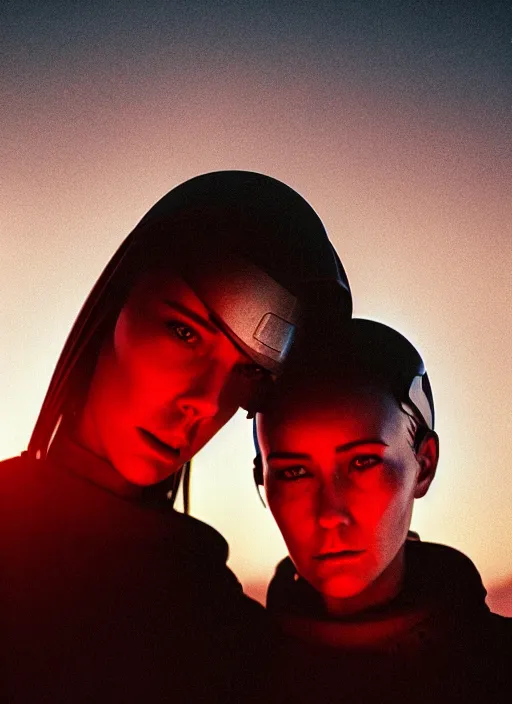 Image similar to cinestill 5 0 d photographic portrait of two loving female androids wearing rugged black techwear on a desolate plain with a red sky, extreme closeup, cyberpunk style, dust storm, 8 k, hd, high resolution, 3 5 mm, f / 3 2, ultra realistic faces, ex machina