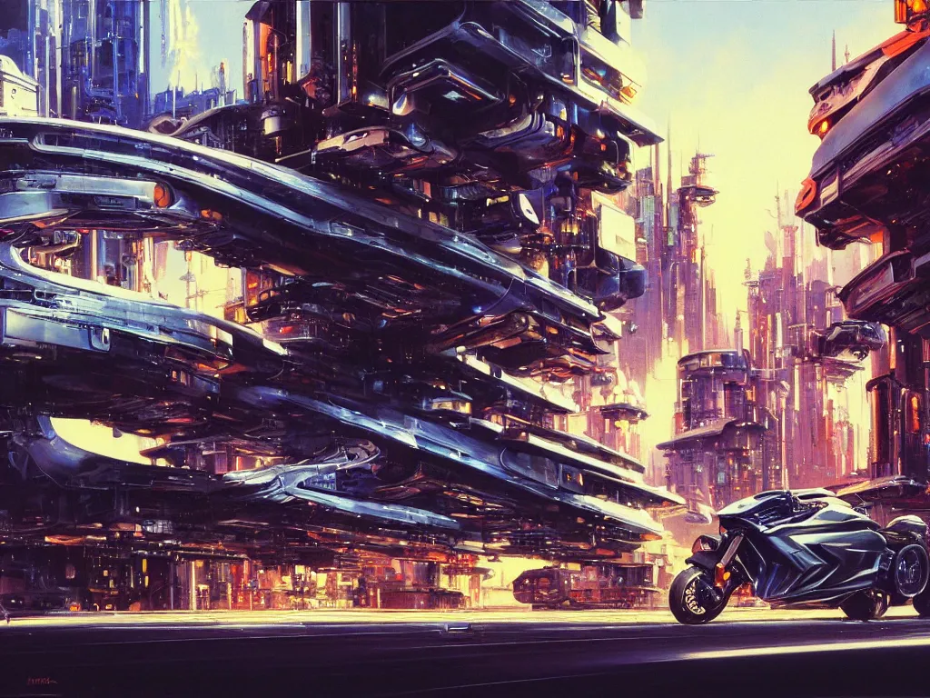 Prompt: hyperrealistic painting of a slice of life from a futuristic city, mechanical designs, futuristic vehicles, high - tech, night, elegant, cinematic, futuristic motorbike, cyberpunk style, octane, highly detailed!, intricate, acrylic on canvas, 8 k resolution, concept art, by john berkey, moebius