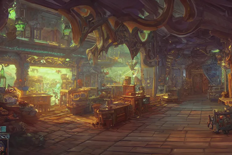 Image similar to interior wide angle shot of a fantasy coastal market place in the style of arcane league of legends, christopher c. lee, moebius, makoto shinkai