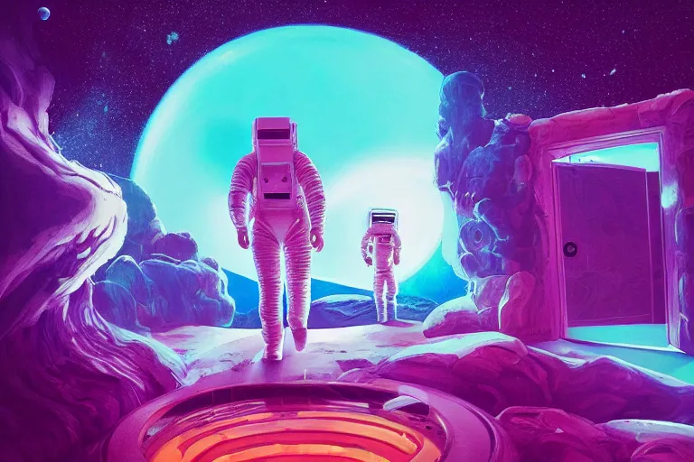 Image similar to an astronaut opening a door that leads to another planet, door is a portal to another planet, flooko style, vaporwave, synthwave, ambient lighting, cinematic lighting, retro, psychedelic, digital art, acrylic, detailed,