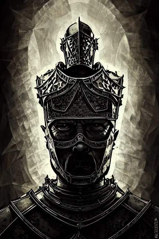 Image similar to Walter White beautiful luxury and evil and victorian and gothic medieval white armor knight portrait+front face, ultradetail face, ruined gothic cathedral, art and illustration by tian zi and craig mullins and WLOP and alphonse mucha, ssci-fi, fantasy, intricate complexity, human structure, hypermaximalist, fantasy character concept, dynamic lighting, neon light, watermark, blurry, hyperrealism 8k